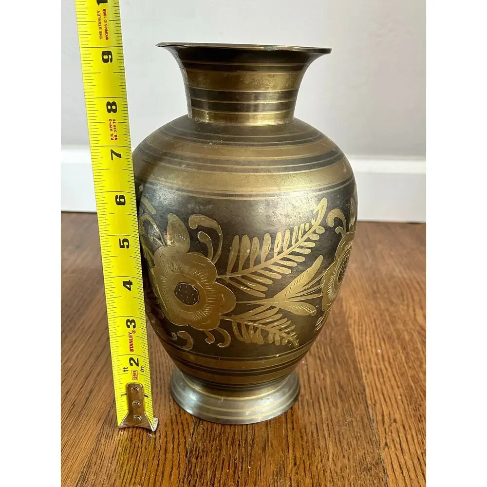 Vintage Brass Etched Vase Made in India Floral 9in